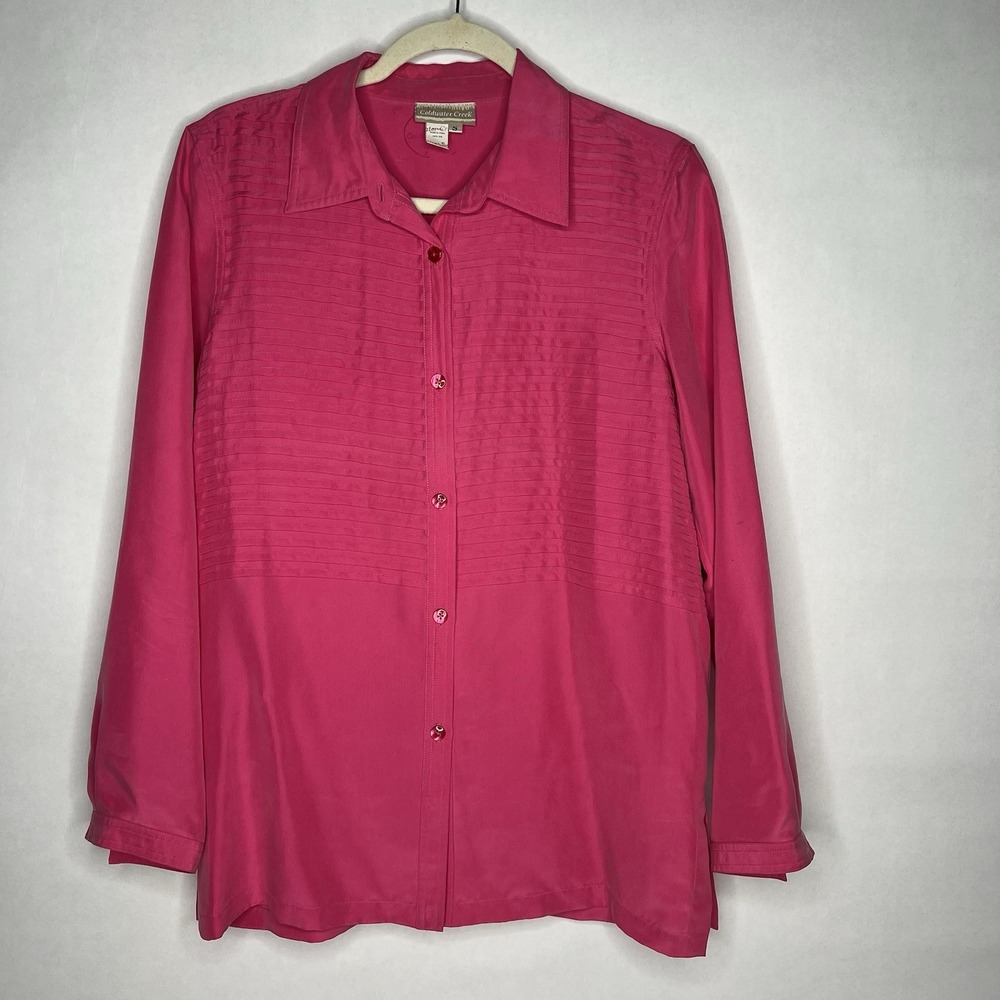 Coldwater Creek 100% Silk Hot Pink Button Up‎ Blouse S Pleated Front Workwear